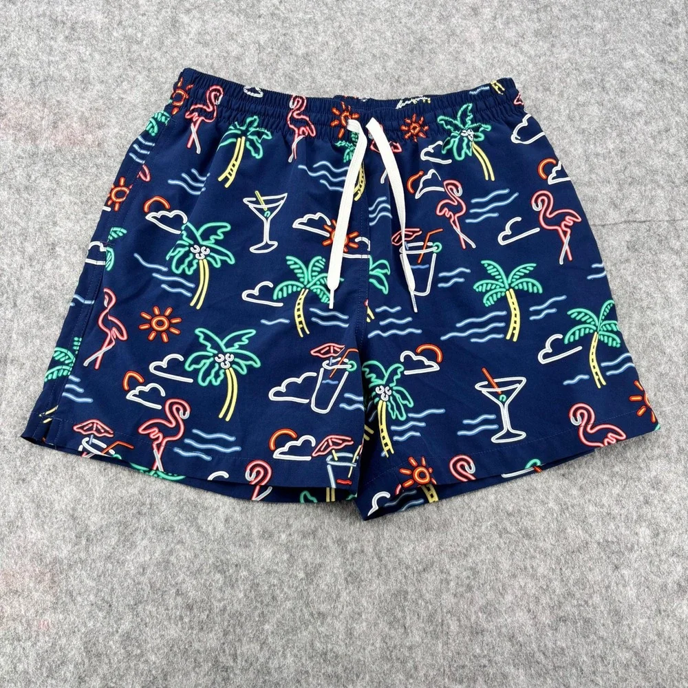 Chubbies Mens Navy Neon Flamingo Palm Tree Swim Trunks Shorts 5.5 Inch Inseam MD